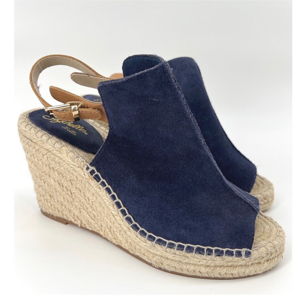 Seychelles Womens 8 Espadrille Wedge Sandals Navy Blue Suede Slingback Peep Toe